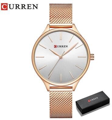Uplift Essentials Elegant Matte Dial Mesh Strap Watch Luxury Stainless Steel Japanese Quartz Timepiece With Premium Display Box rose Gold White