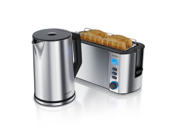 Arendo Frühstücks-Set Edelstahl Wasserkocher 1,5l, 4-Scheiben Langschlitz Toaster, Edelstahl (2-tlg), BPA-frei, GS-geprüfte Sicherheit, perfekt fürs Familienfrühstück