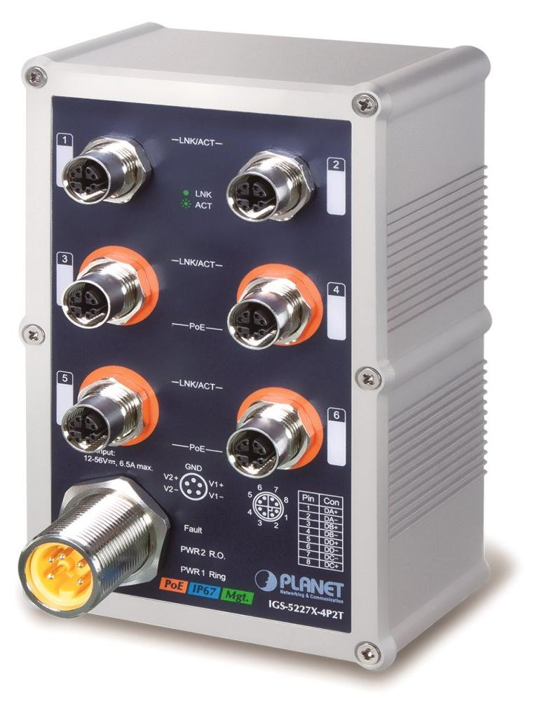Planet PLANET industriële switch, IP67-gecertificeerd, L2+, beheerd, ondersteunt Power over Ethernet (PoE), wandmontage