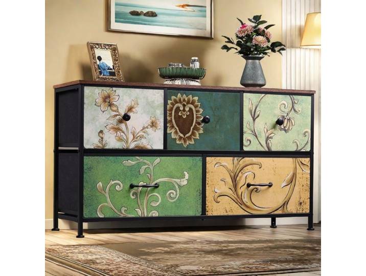 Commode 5 Tiroirs - Meuble de Rangement - Commode Chambre - Bohème Meuble à Tiroirs - Commode avec Manche et Pieds - Multicolore