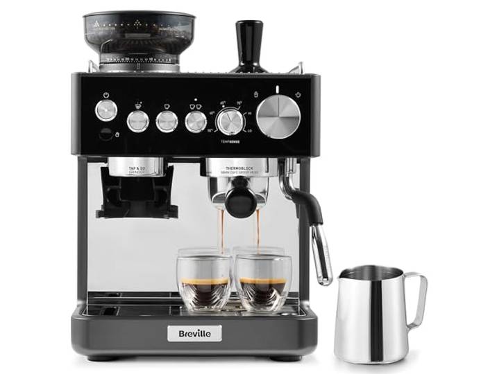 Breville Barista-Espressomaschine „Sense“ Komplett-Kaffeemaschine mit integrierter Kaffeemühle und Milchaufschäumer TempSense-Dampfstab italienische 15-bar-Pumpe Schwarz [VCF187X]