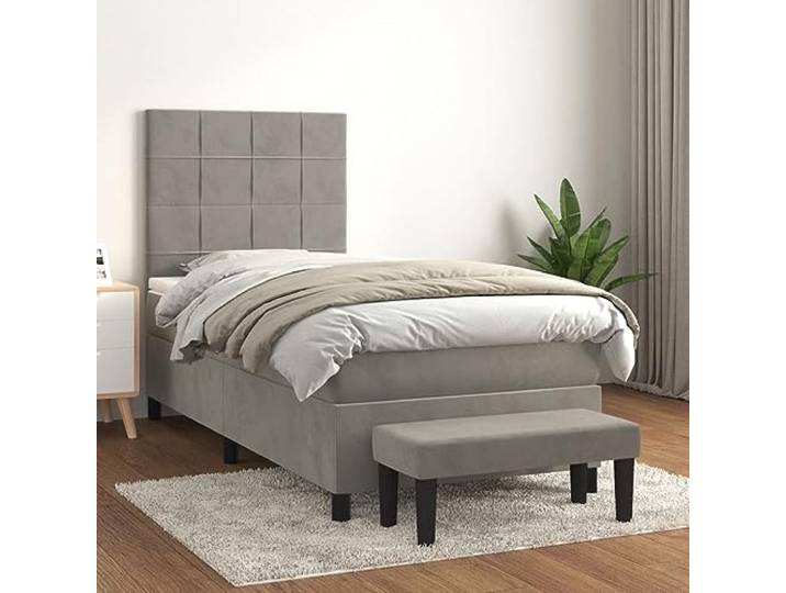 RJPLMFV Bettgestell, 100 x 200 cm, Hellgrau, Samt Verstellbarer Kopf, Taschenfederkernmatratze, mittlere Halterung, Matratzenschutz, Multifunktionsbank