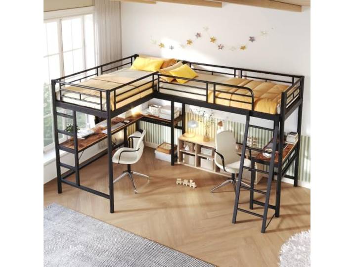 DUlVBPE 90 * 200 cm Hochbett, Zwei Etagenbetten, Tisch unter dem Bett, Doppeltreppe, hohes Geländer, Schwarz