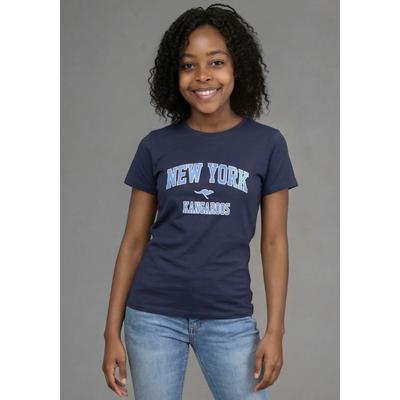 T-Shirt KANGAROOS "Kangaroos Shirt mit NEW YORK Druck", Mädchen, Gr. 128/134, blau (marine), Single Jersey, Obermaterial: 100% Baumwolle, bedruckt, Basic, Rundhals, Shirts T-Shirt, für Mädchen, Kurzarm, bedrucktes Design, Basic Passform