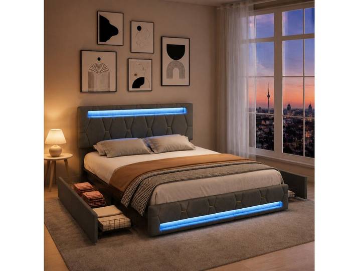 Simurq Polsterbett 160x200cm LED 4 Schubladen USB APP Leinen Grau (USB-Ladeanschluss), LED,4 Schubladen,USB,APP,Leinen,Grau,Lattenrost