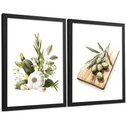 POSTER 2er Set Küchen-Wandbilder Knoblauch Kräuter und Oliven Mediterranes Aquarell Esszimmer Wanddeko Rahmenlos A3