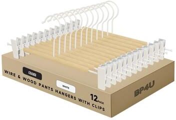 BP4U Premium Metal Pants Hangers with Adjustable Clips, Beech Wood Skirt Bottom Hangers for Trousers, Jeans, Shorts, Socks