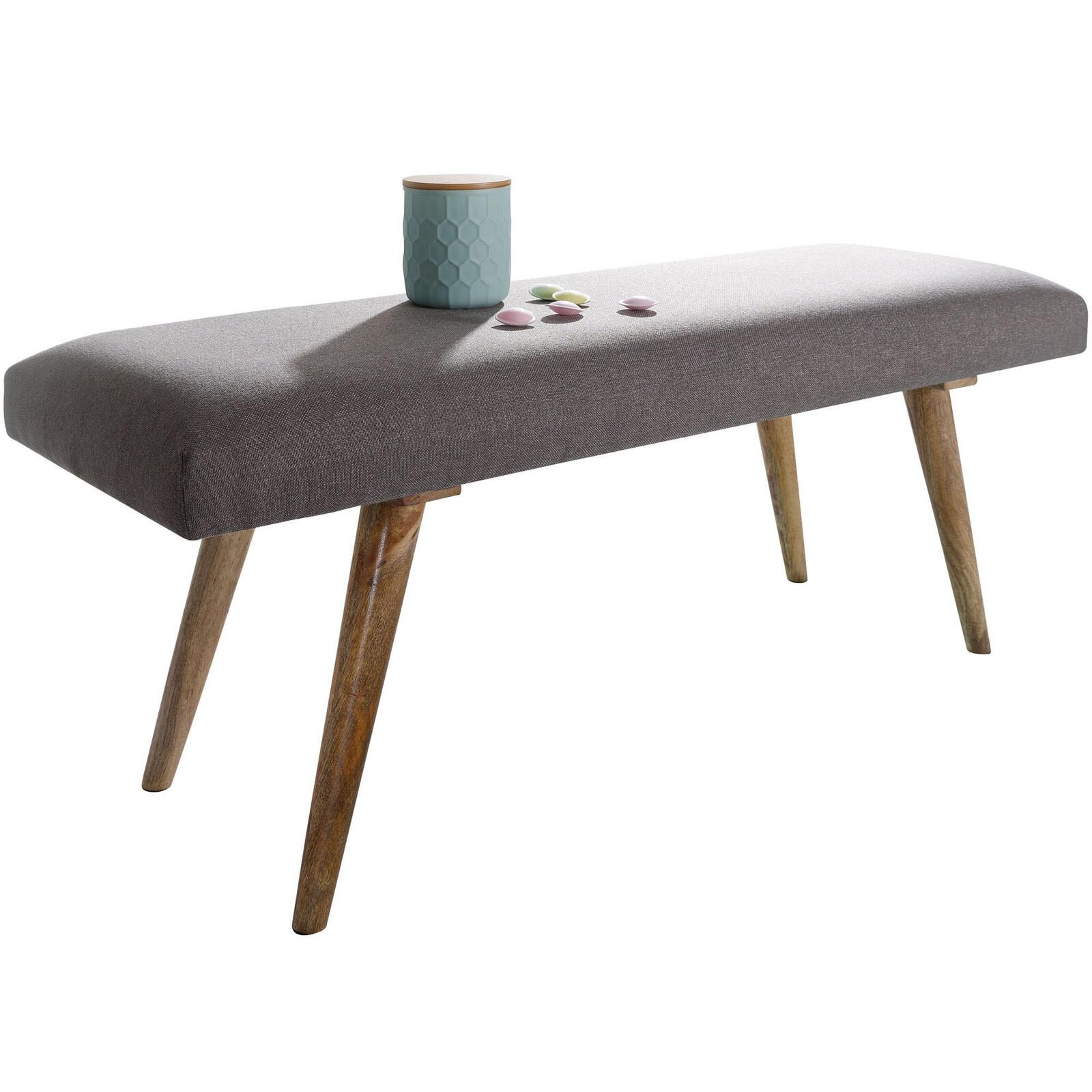 WOHNLING WL5.330 Sitzbank SALIM Stoff / Massivholz 117x51x38 cm im Retro Stil Gepolsterte Stoffbank Braun Grau