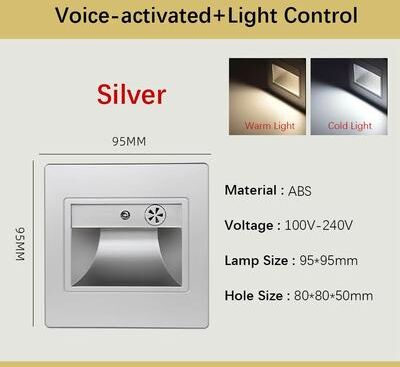 Inspired Finds Smart Motion Sensor Recessed Stair & Wall Light With Voice Activation voice Sensor Silver 3w cool White(5500 7000k)