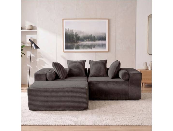COVREO canapé d'angle modulable 3 places avec méridienne tissu chenille noir sans montage
