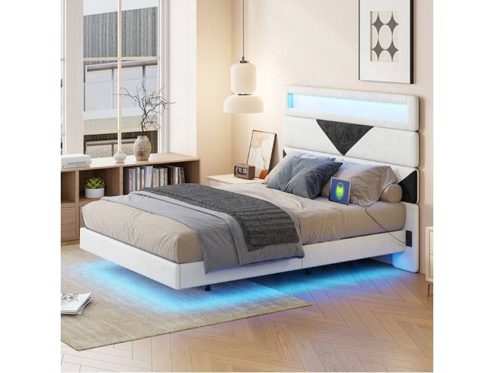 Lit double 160x200 cm avec sommier LED Cadre de lit flottant 160x200 avec tête de lit réglable Velours Blanc