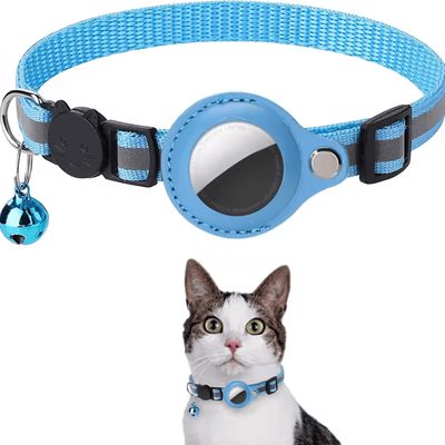 Inspire Curations SafeTrack Reflective AirTag Cat Collar With Waterproof Holder blue adjustable 22 32cm