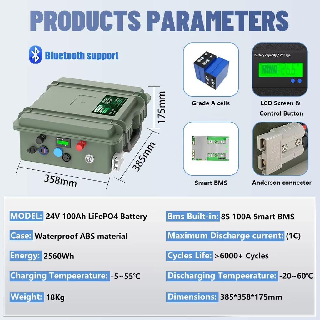 LiFePO4-Bootsbatterie - 24 V, 100 Ah - 2560 Wh - Bluetooth-BMS - Über 6.000 Ladezyklen - IP56 - PD/USB QC 3.0