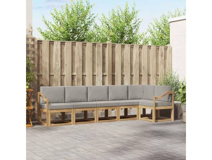 RJPLMFV Ecksofa für den Außenbereich, 6-teilig, Weiß / Grau Massives Akazienholz, modulares Design, Rückenlehne mit Latten, ganzjährig verwendbar