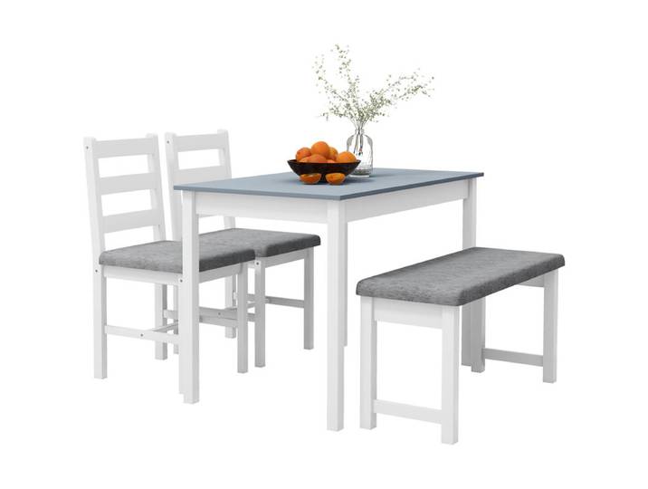 Ensemble de salle à manger 4 pièces, 1 table, 1 banc, 2 chaises, Gris + Blanc