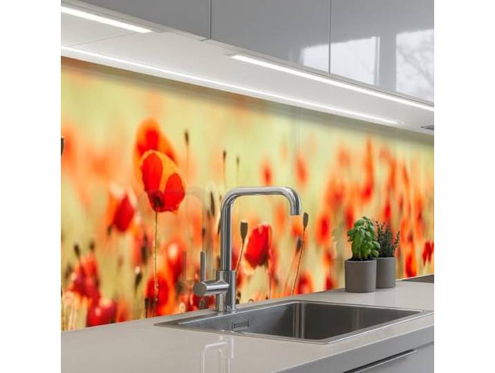 KitchenYeah© Spritzschutz Küche Küchen Rückwand Küchendeko Wand Wandschutz 60x500 cm - Selbstklebend Backsplash Kitchen Peel And Stick Mohnblumen - Blumen - Rot - Blumenfeld