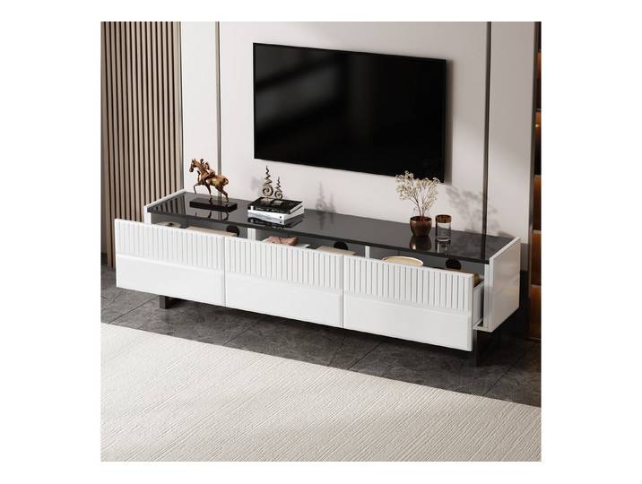 HAUSS SPOLE TV-Schrank Modernes Möbelstück mit Farbblock-Optik, Hochglanz & Metallbeine (nur einer TV-Ständer, Rahmenartige Eisenbeine, niedriger Schrank) Wohnzimmertisch in Schwarz-Weiß