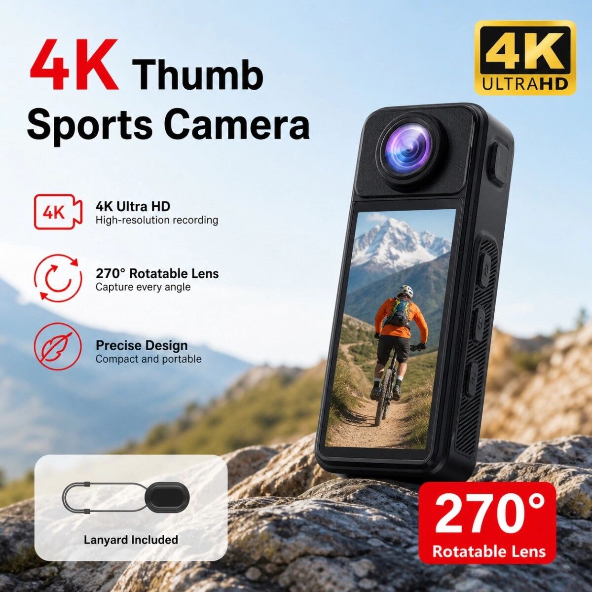 INF Caméra d'action portable M6 avec vidéo 4K interpolée, objectif rotatif à 270° et conception magnétique mains libres