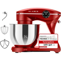 KLAMER Küchenmaschine 1800W, Knetmaschine mit 6 Liter Edelstahl Schüssel, 10 Geschwindigkeitsstufen mit Timer, Rührbesen, Knethaken, Schneebesen und ...