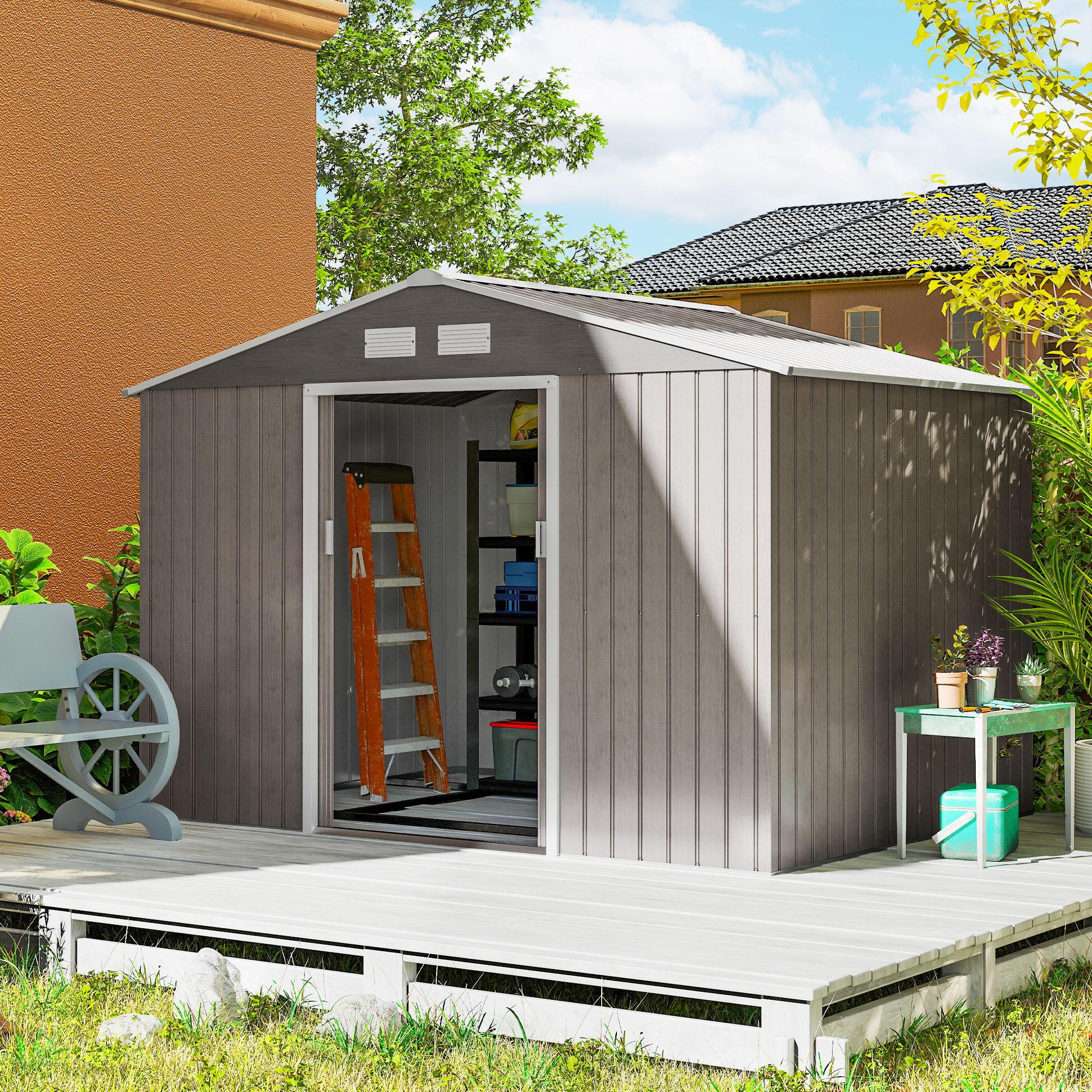 Geräteschuppen - Gartenschuppen 4,9 m² - Metall - Satteldach - Schiebetür - Mit Fundament - Wasserdicht - Braun
