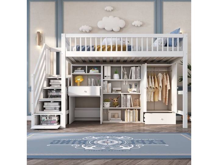 LEMLIT Lit Mezzanine Enfant 90 x 200 cm avec Bureau Intégré Escalier Casiers et Armoire Bois Massif et MDF Blanc