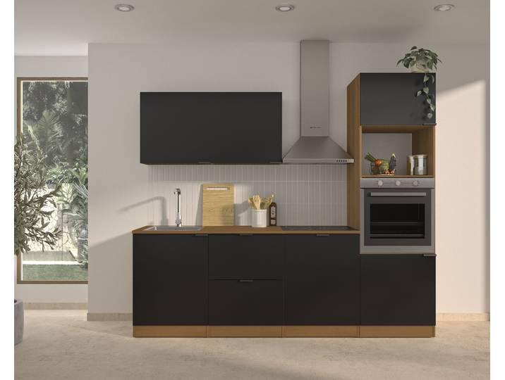 Küchenzeile GAMI 240 cm EDEN ohne E-Geräte , grau (küche: schwarz, front: schwarz, korpus: eiche helvezia nachbildung, arbeitsplatte: eiche helvezia nachbildung), B:240cm H:200cm T:60cm, Komplettküchen-Sets, Küchenzeile, melaminbeschichtet, pflegeleicht, ohne Elektrogeräte, ohne Auslass