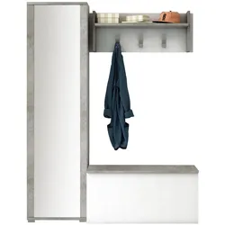 Dmora Eingangsmöbel Mirtilla, Moderner Eingangsbereich mit Kleiderbügel, Möbel mit Schuhregal, Schrank mit Spiegel, Cm 50x32h182, Weiß und Zement