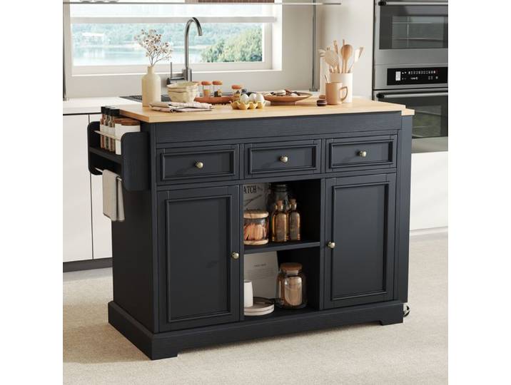 ROVRYN Îlot central mobile sur roulettes verrouillables plan de travail extensible 112-188 cm MDF noir