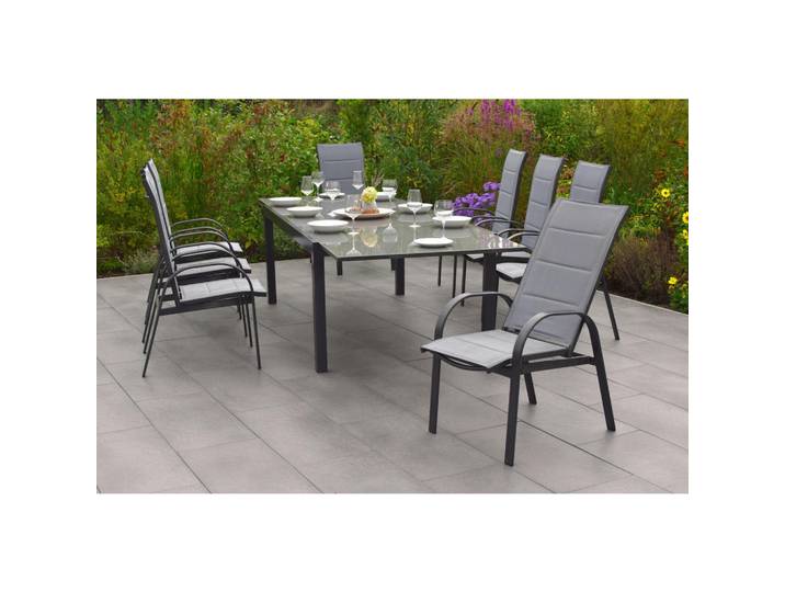 Gardenson Gartenset Marini, Graphitfarben, Grau, Metall, Glas, 9-teilig, Tisch ausziehbar, Gartenmöbel, Gartengarnituren, Gartenmöbel-Sets