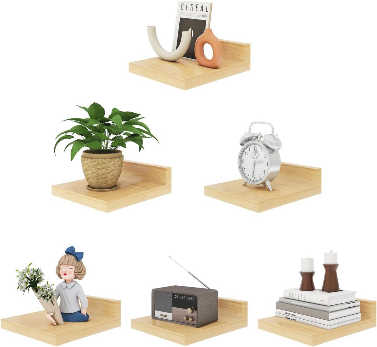 Set van 6 Zwevende Houten Wandplanken voor Slaapkamer, Badkamer en Keuken