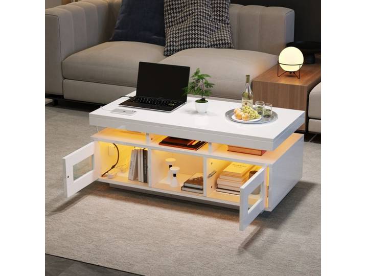 Table basse en haute brillance - 100x50x43 cm - Blanc - Éclairage LED contrôlable par application