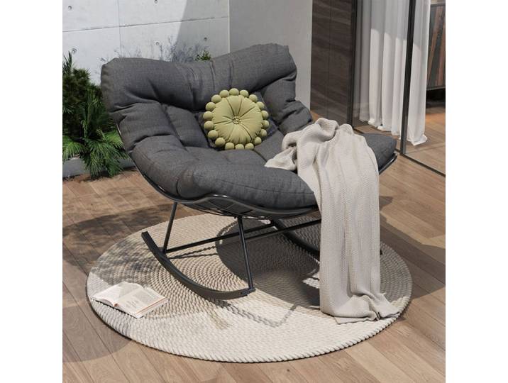 Fauteuil Papasan œuf à bascule – Coussin épais - cadre métal robuste – Confort pour jardin terrasse ou salon – Gris