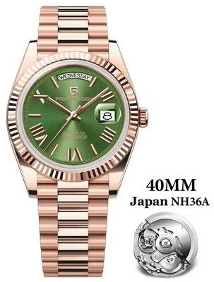 Uplift Essentials Automatic Day Date Mechanical Watch Luxury NH36A Movement Sapphire Timepiece rose Gold Green