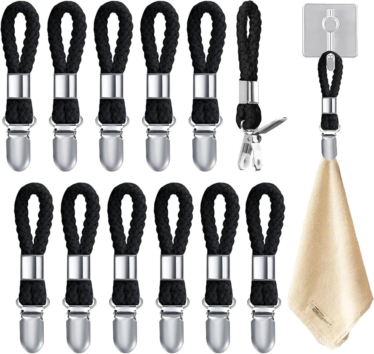 12 stuks Handdoekhangers met lussen, Metalen handdoekklemmen zonder boren, Zwart