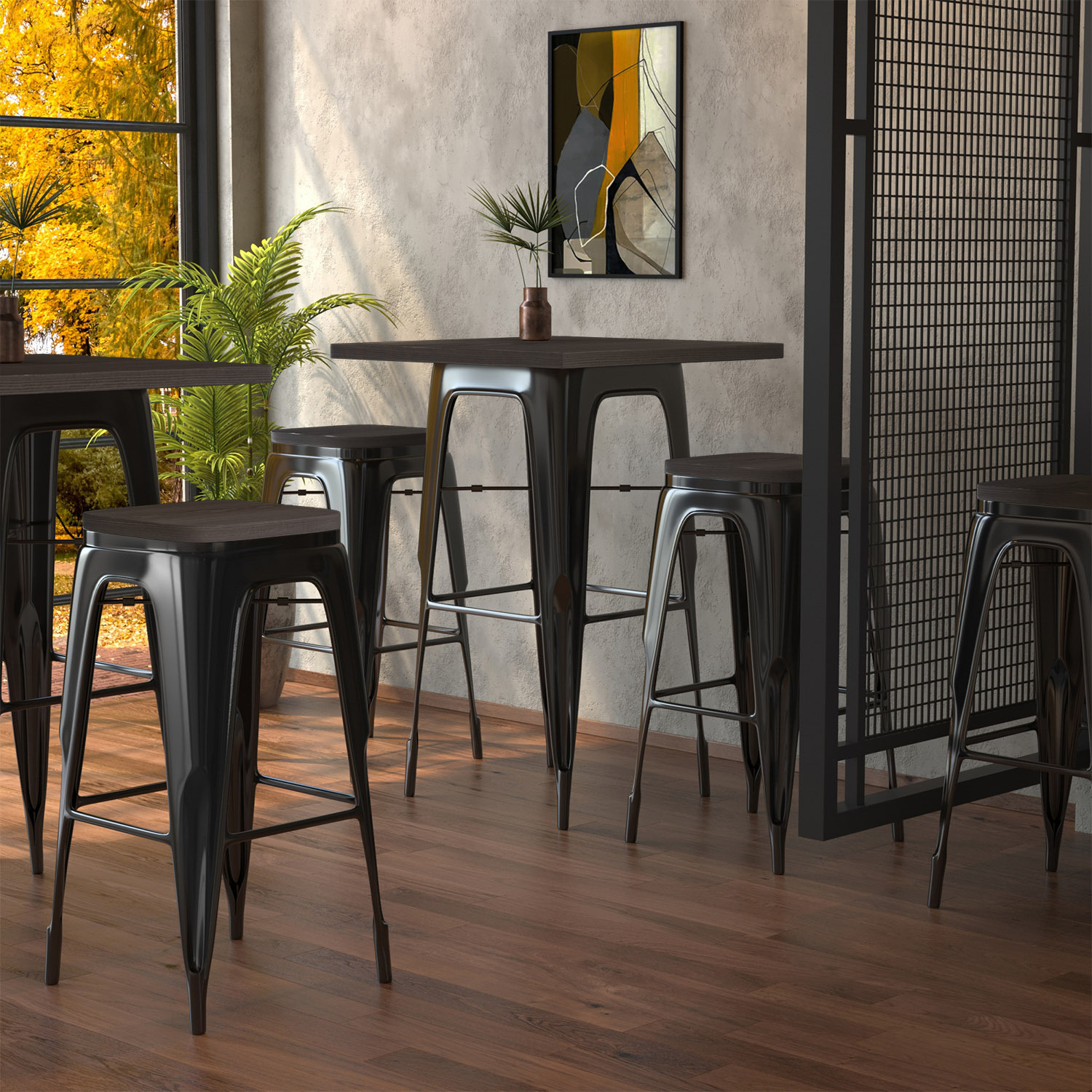 CALIFORNIA | Tolix Tisch- & Stuhl-Set | 2x Barstuhl | 60x60cm | Wenge & Schwarz Matt | Industrie Vintage Retro Restaurant Hotel Kneipen Gastro Loft Shabby Factory Tolix