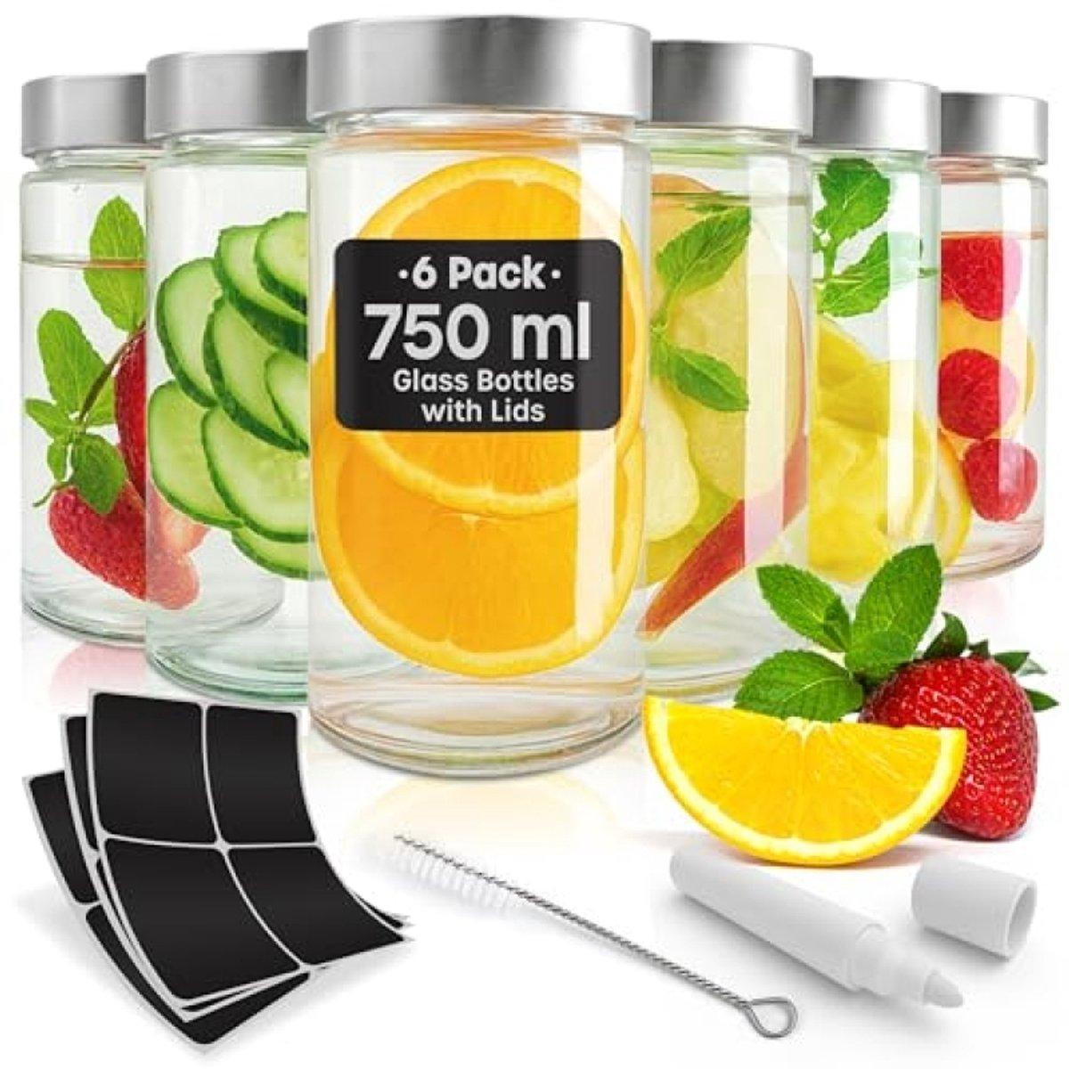 PromoHome Glazen opbergpotten, 750 ml, 6 stuks, luchtdichte sluiting, vaatwasmachinebestendig