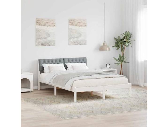 RJPLMFV Bettgestell, Massivholz, Kiefer, 160 x 200 cm, Weiß / Grau Kopfteil für Wandmontage, gepolstert, Polyester, modernes Design, Lattenrost inklusive