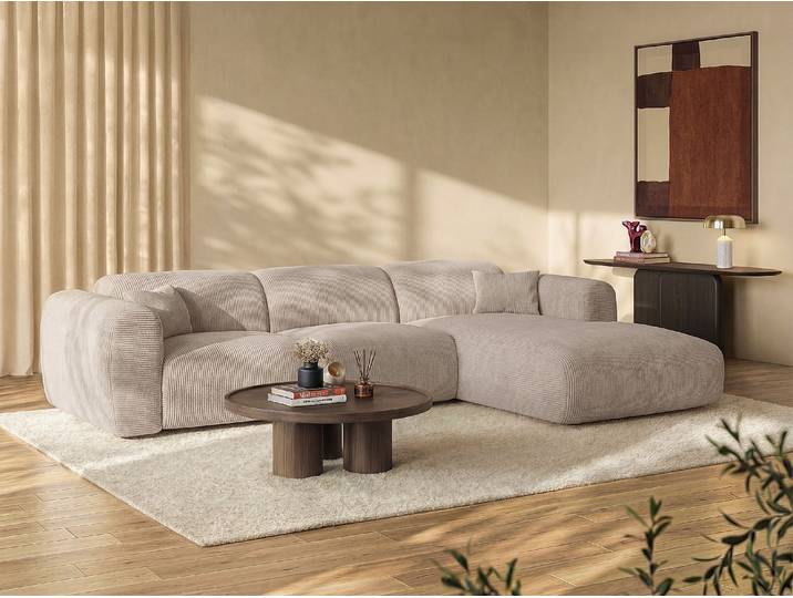 Ecksofa mit Schlaffunktion - Ecke rechts - Cord fein gerippt - Beige - POGNI