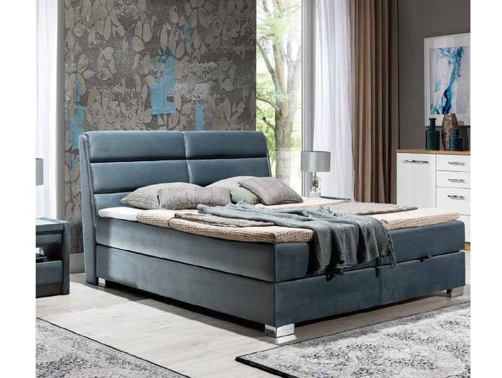 JVmoebel Boxspringbett Polster-Doppelbett in Blau mit Schubladen und Edelstahlfüßen (1-St)