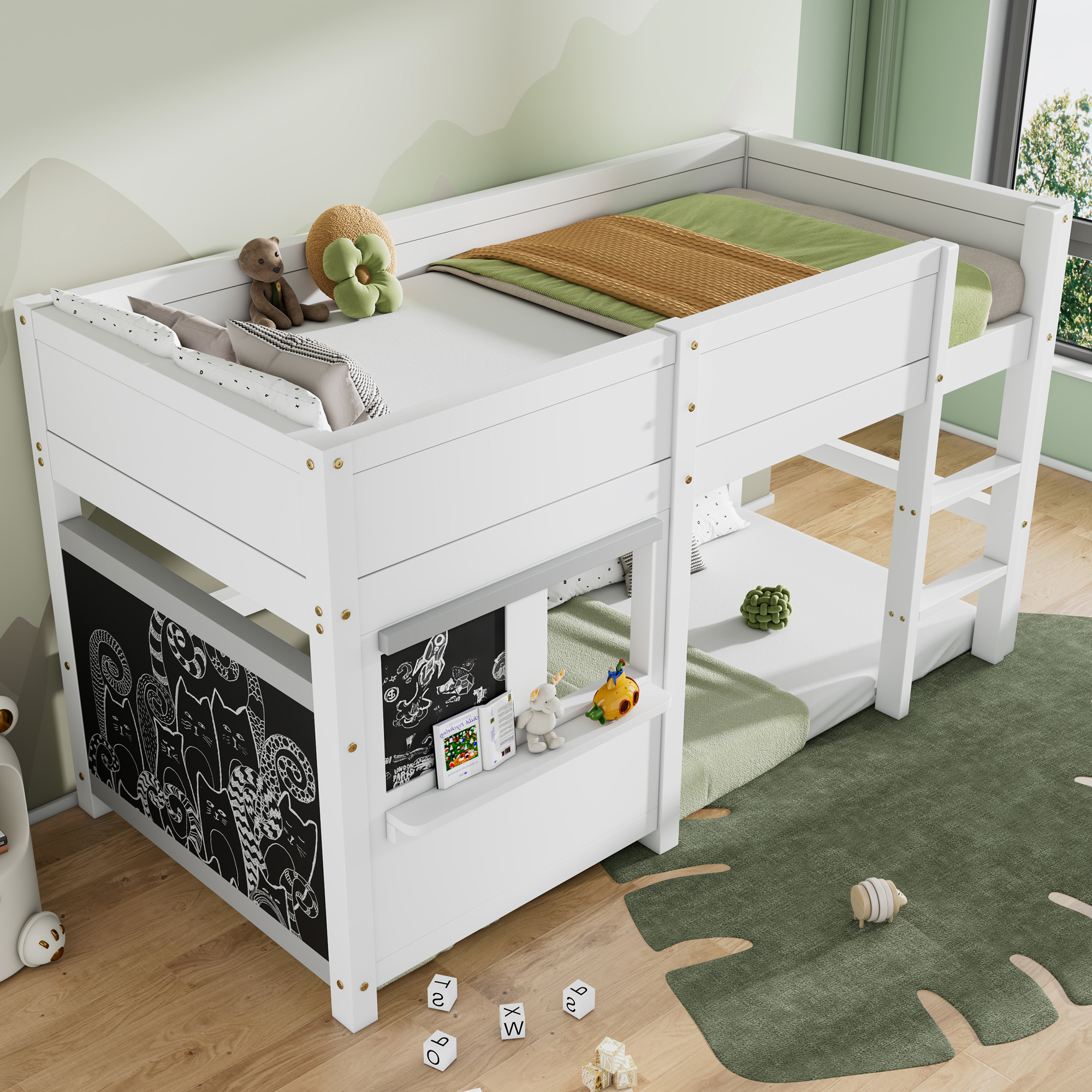 STILVORA Kinderbett 90x200 Jugendbett mit Lattenrost und zwei Brettern ,Einzelbett mit Doodle-Board ,mit Rausfallschutz, Weiß(mit Matratze*1)
