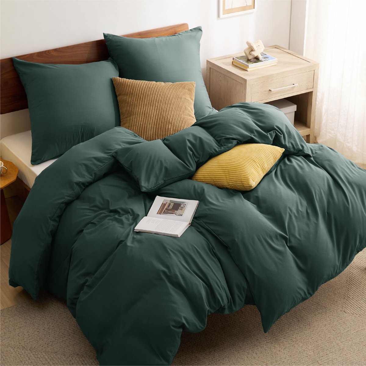 Unyqoos 4-delig luxe beddengoedset van microvezel met ritssluiting, bosgroen, 135 x 200 cm