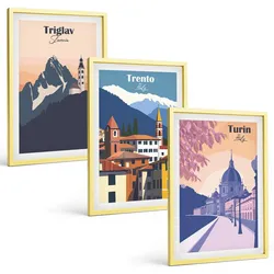 BILDER SET 3er Set - 40x60 cm Goldrahmen - Retro-Illustrationen zur Bergarchitektur