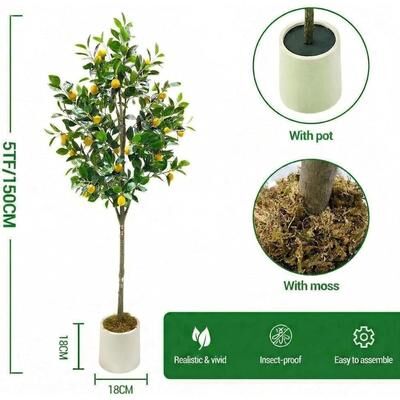 YUN 5 ft Artificial Lemon Tree in White Planter - Green 5ft