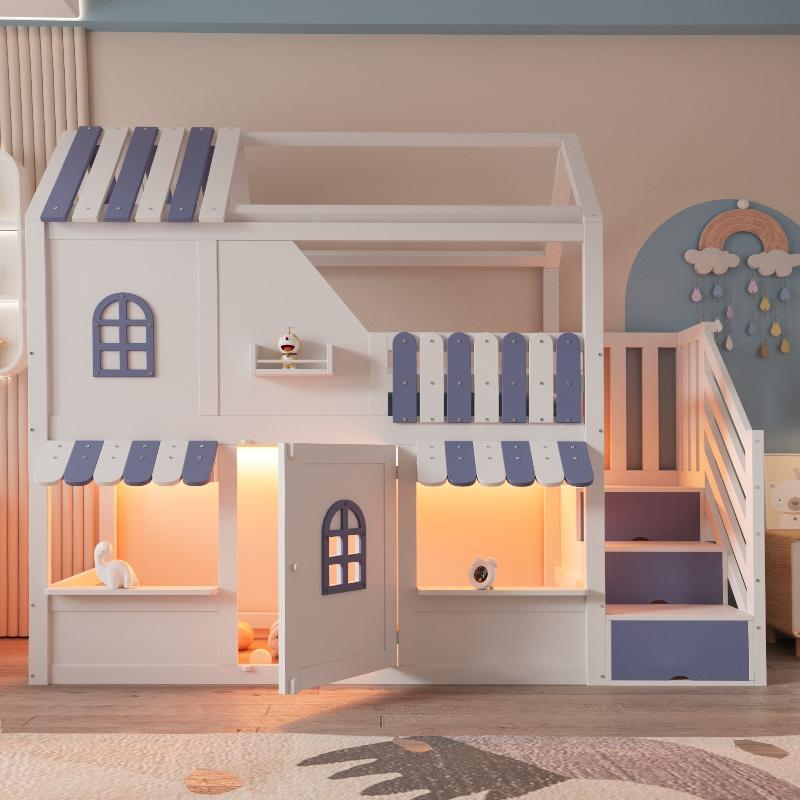 Kinder-Etagenbett 90x200cm mit Stauraumleiter, hausförmiges Hochbett aus Kiefer, Sperrholz und MDF, mit LED-Beleuchtung, Regalen und Tür