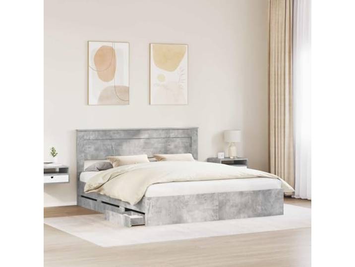 KTHLBRH Bett mit Schublade, Zementgrau, 200 x 200 cm Technisches Holz, 6 versteckte Schubladen, modernes Design, freistehend