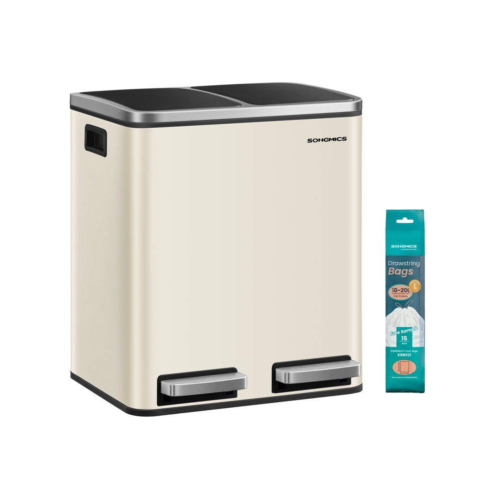 SONGMICS Mülltrennsystem 2 Fächer 2 x 15 L mit Deckel sandbeige-tintenschwarz LTB30A02