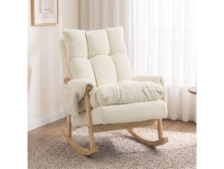 HOMCOM Fauteuil à bascule Snow-flannel Blanc Crème Bois