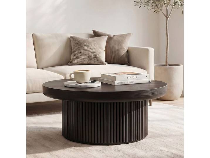 COVREO table basse ronde 78 cm noire a base cannelee plateau motif parquet aspect bois epaisseur 8 cm