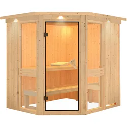 Karibu Amelia 1 - Sauna mit Eckeinstieg 68 mm-Ohne Ofen-inkl. Dachkranz