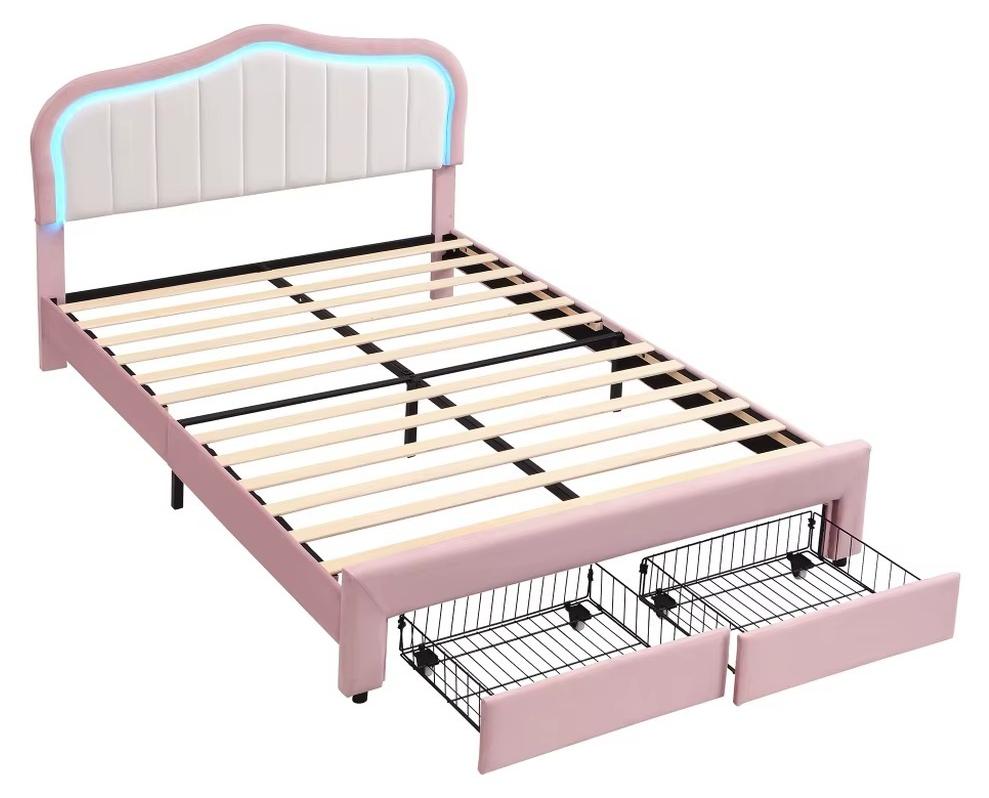 Kinderbett - Bett 140 x 200 cm - Samt - Schublade unter dem Bett - Weiß gepolstertes Kopfteil - Rosa